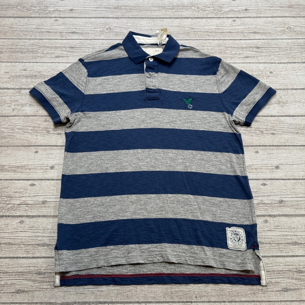 Y2K American Eagle Polo Shirt Men's Medium Blue Gray Striped Cotton Short Sleeve